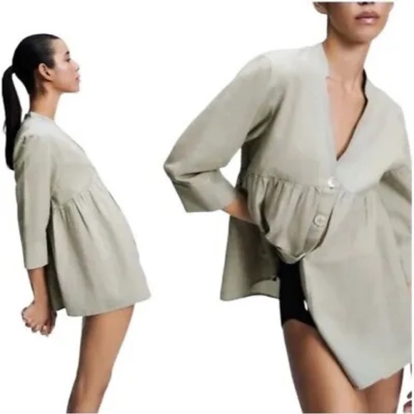 Zara babydoll dress /long blouse size Small green pistachio linen - Picture 3 of 5